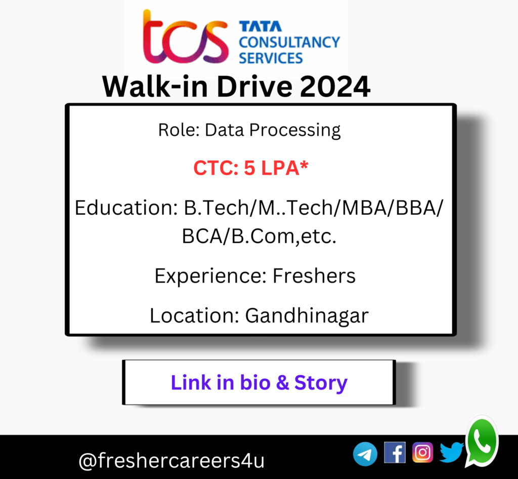 TCS Walkin Drive 2024 hiring freshers for data Processing Role B.E/B