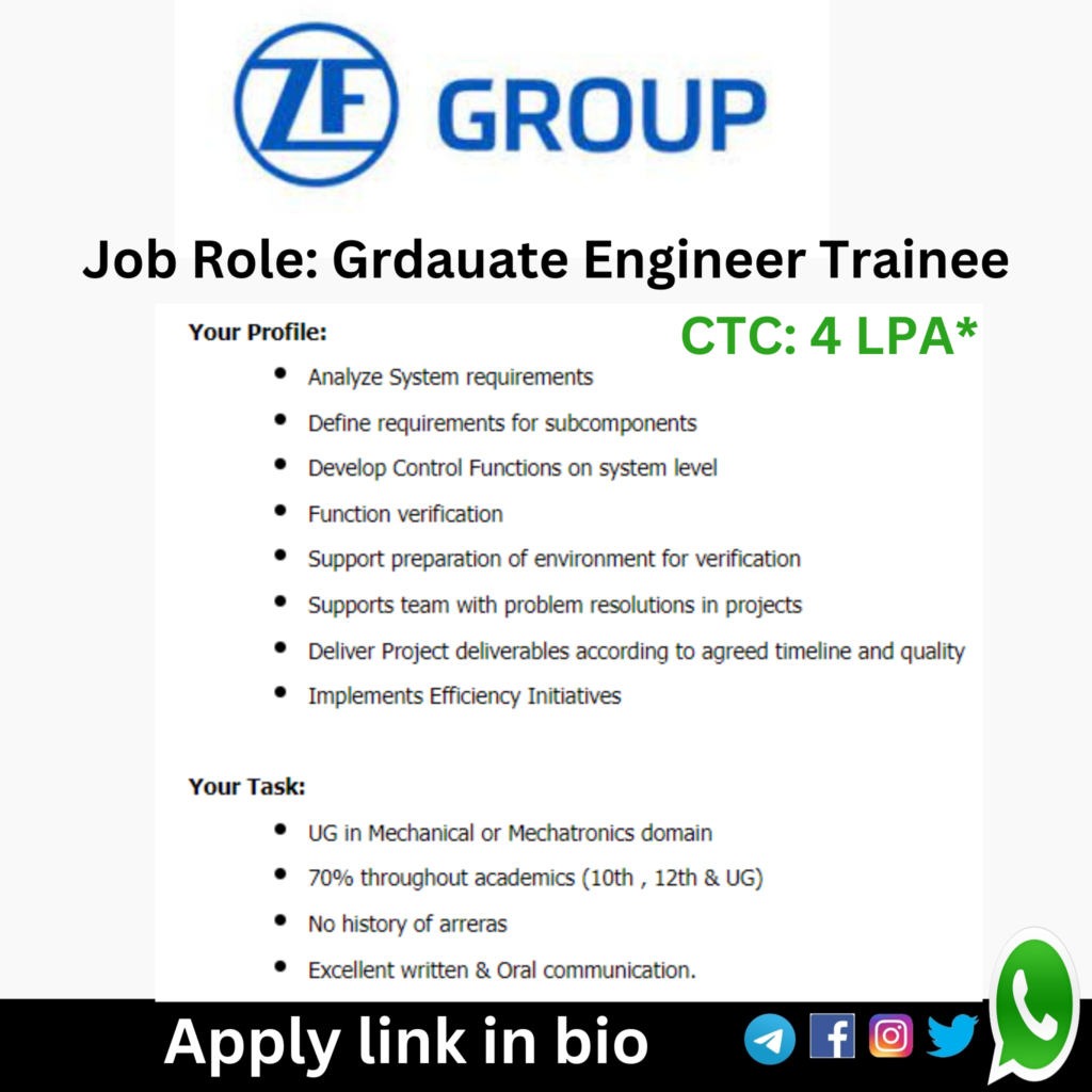 ZF Group Offcampus Drive 2024 hiring Graduate EngineerTrainee