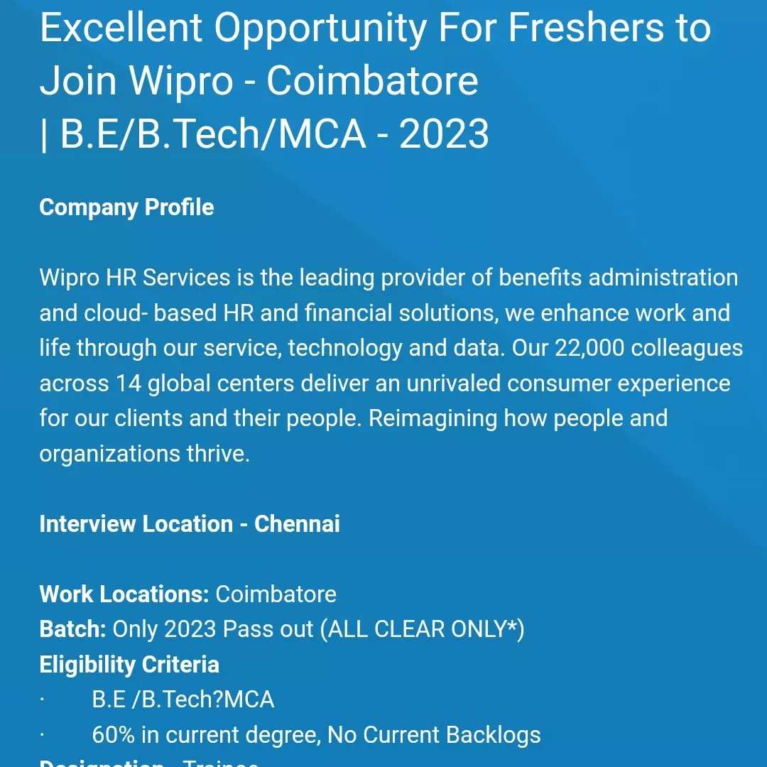 Excellent Opportunity For Freshers to Join Wipro - Coimbatore | B.E/B.Tech/MCA - 2023 