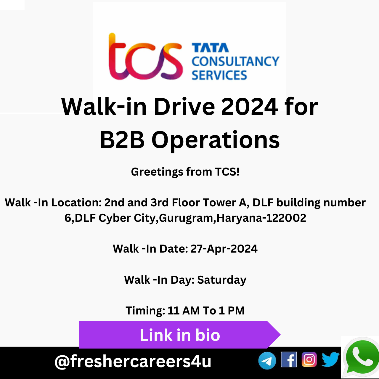 TCS Walkin Drive 2024 hiring Freshers for B2B Operations on 27April