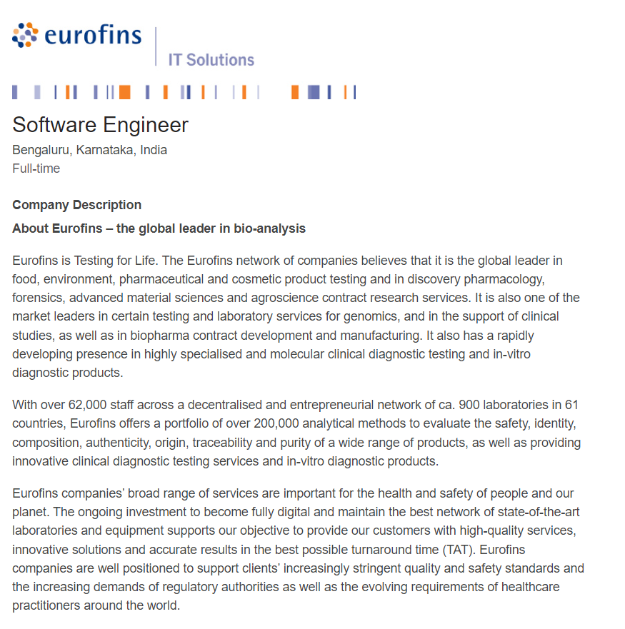 Eurofins Mass Hiring For Freshers 2024