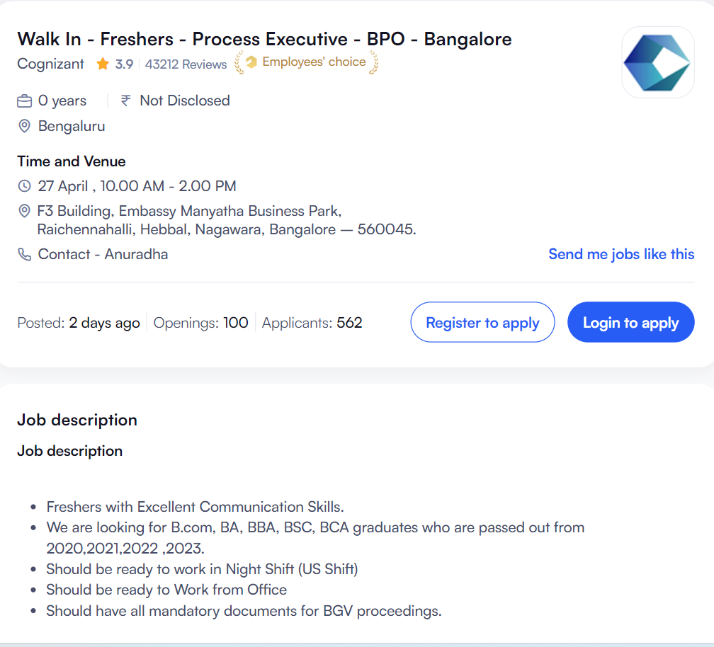 Cognizant Walkin Drive 2024 for freshers as Process Executive 410