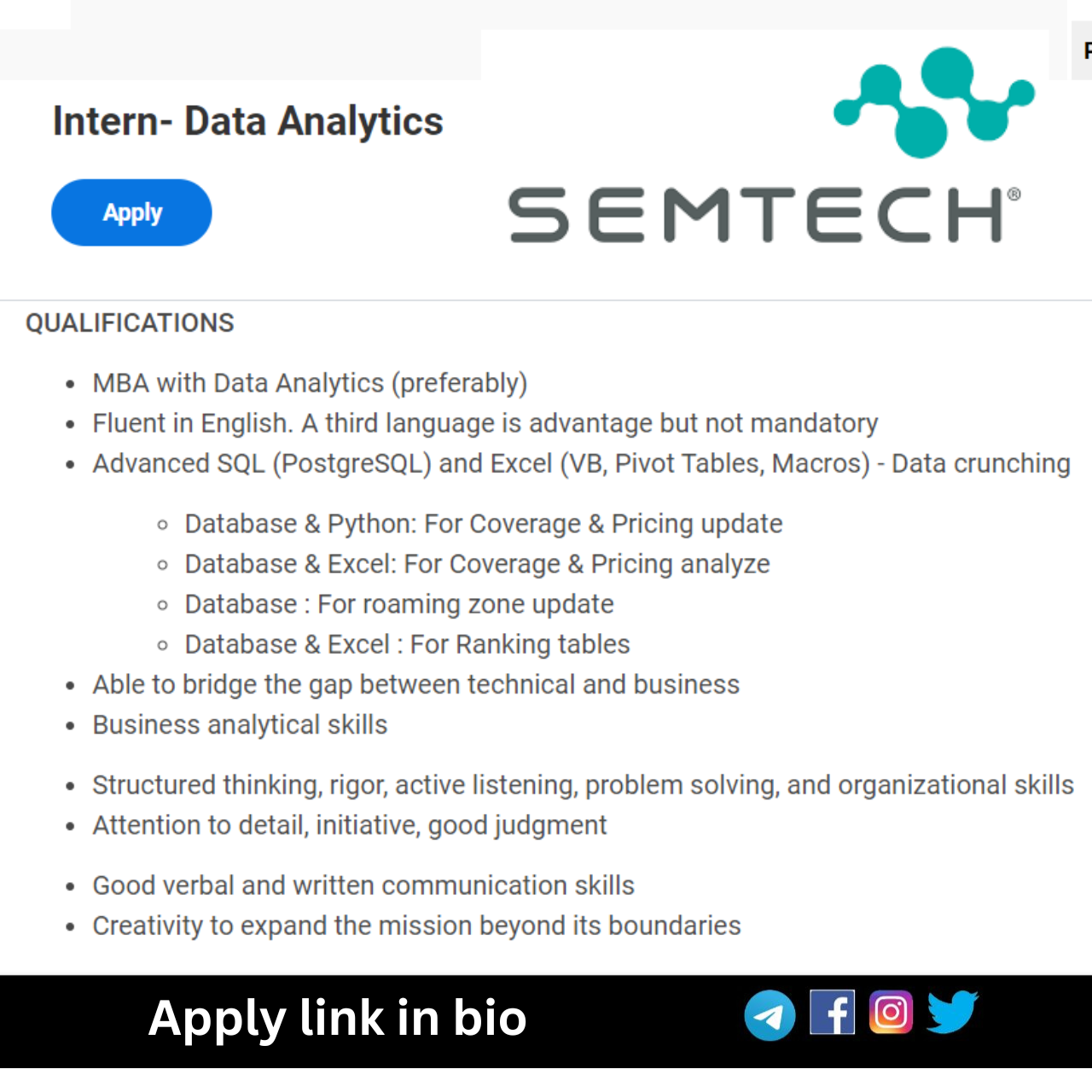 Semtech Offcampus Hiring 2024 freshers as Data Analytics Intern, Mass