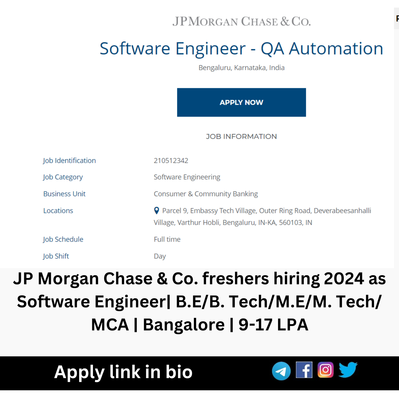 JP Morgan Chase & Co. freshers hiring 2024