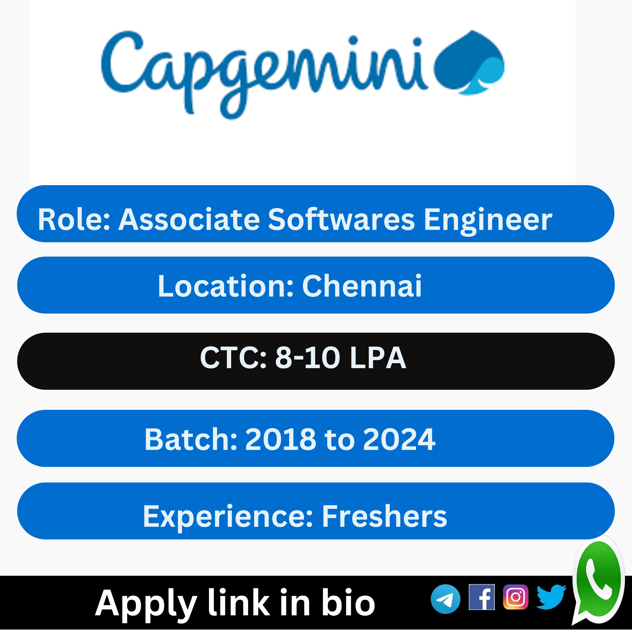 Capgemini Recruitment 2024 for freshers| B.E/B. Tech/M.E/M. Tech/ MCA | Chennai | 5 LPA