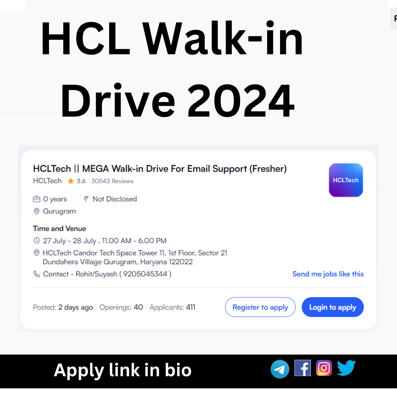 HCL Walk-in Drive 2024 for Email Support | 27-28 July |Any Graduate can Apply