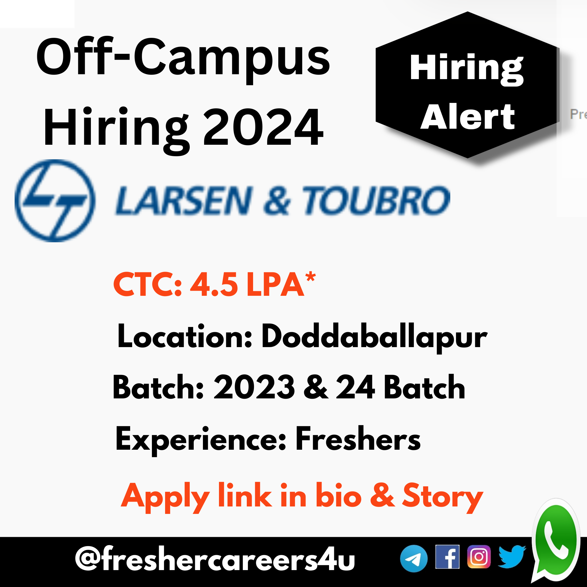 L&T Mass hiring for freshers 2024 for Junior Trainee Engineer| Doddaballapur|5 LPA*