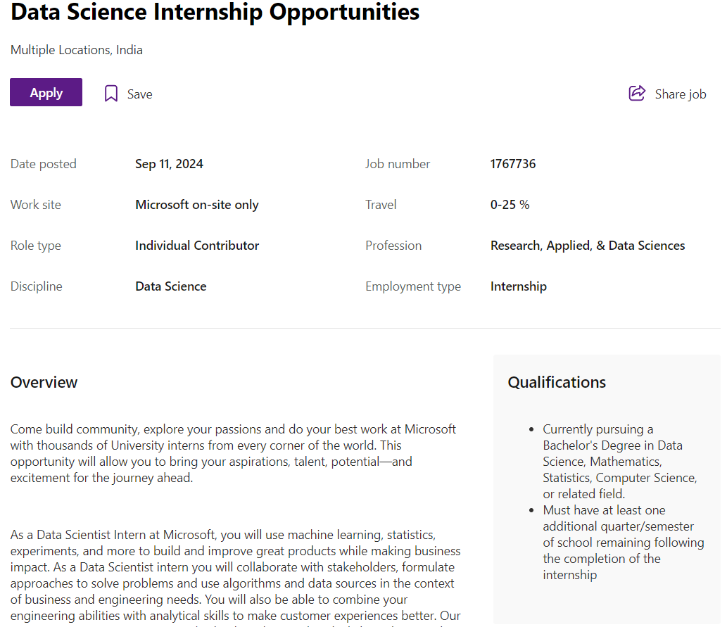 Microsoft Mass hiring for freshers 2024 for Data Science Internship