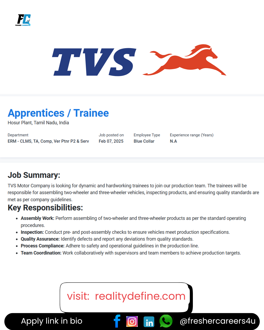 TVS Off-Campus 2025 hiring freshers for Apprentices Trainee