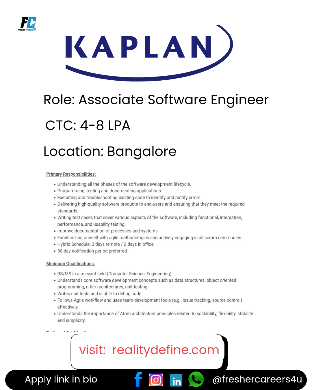 Kaplan Off-campus Hiring 2025 hiring Associate Software Engineer